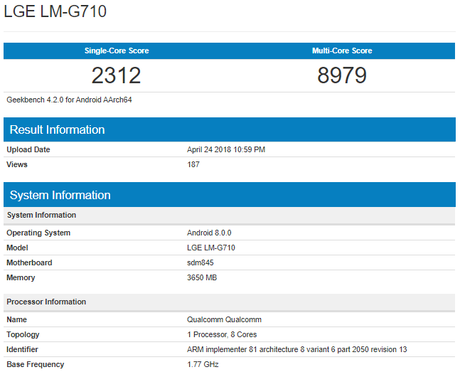 LG G7 ThinQ Geekbench Specifications