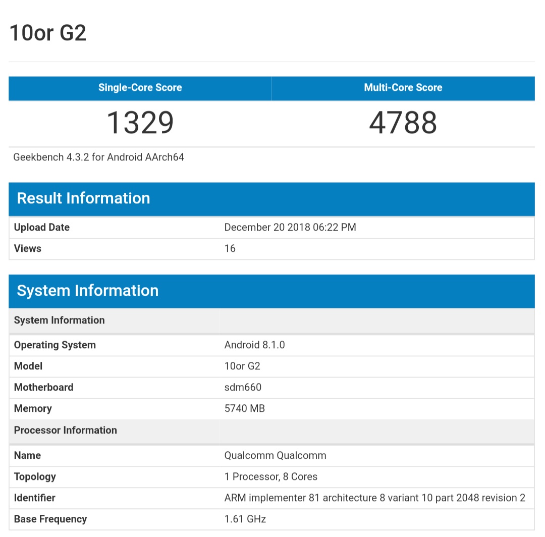 10.or G2 Specs GeekBench 10.or G2 Specs GeekBench
