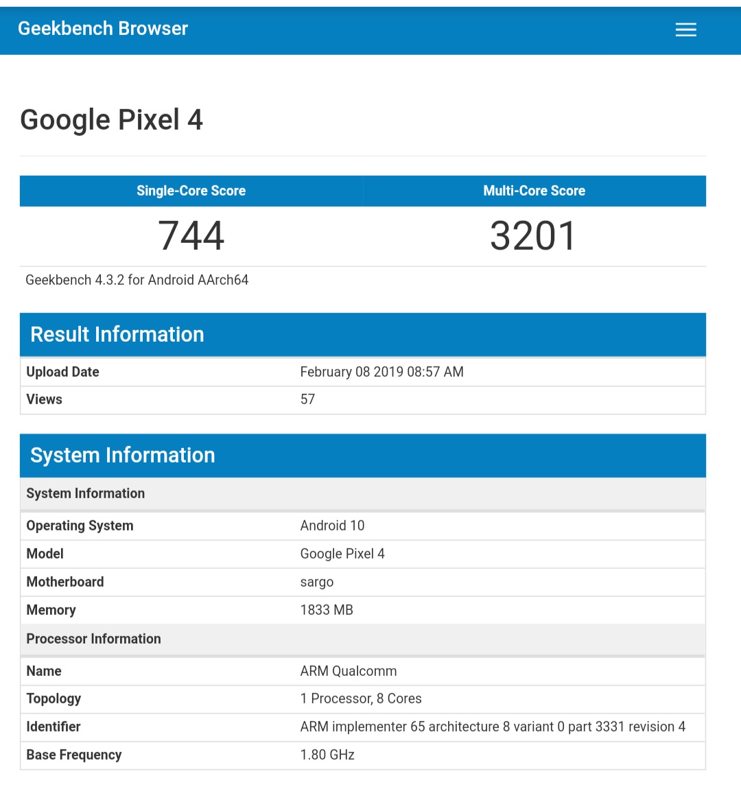 Google Pixel 4 Spotted on GeekBench