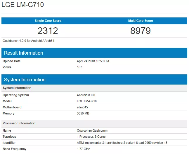 LG G7 ThinQ Geekbench Specifications LG G7 ThinQ Geekbench Specifications